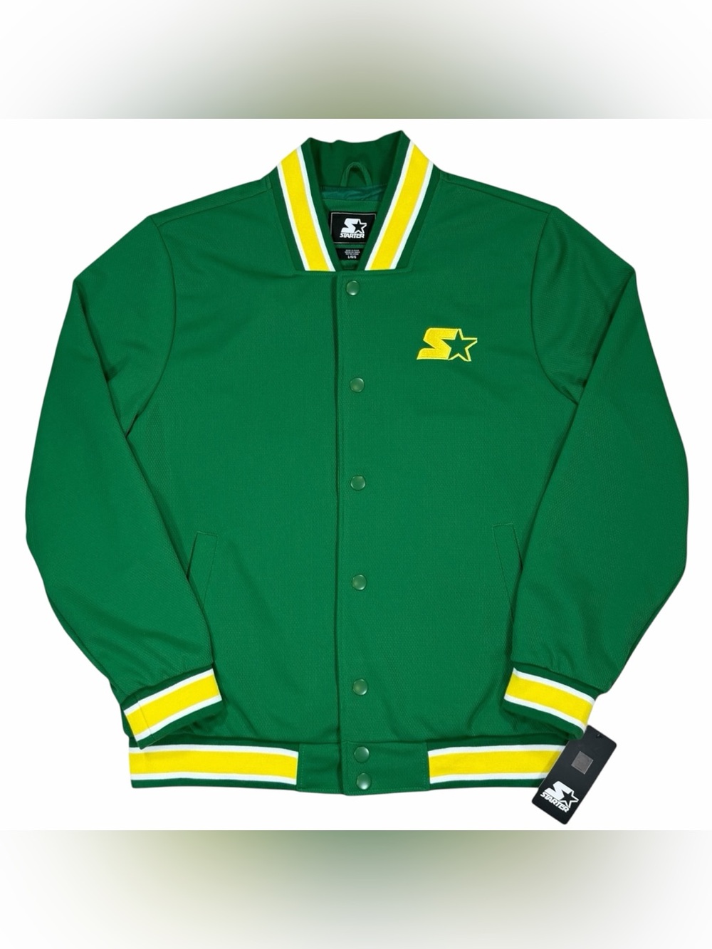 Starter Mens Green Yellow & White Snap Button Varsity Jacket Size Large